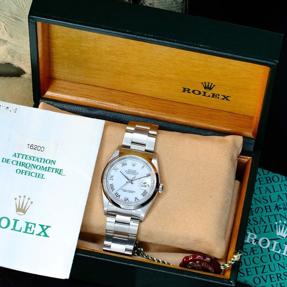 MEN'S ROLEX DATEJUST SS WHITE ROMAN DIAL SMOOTH BEZEL REF 16200 W/BOX & PAPERS - Picture 1 of 9